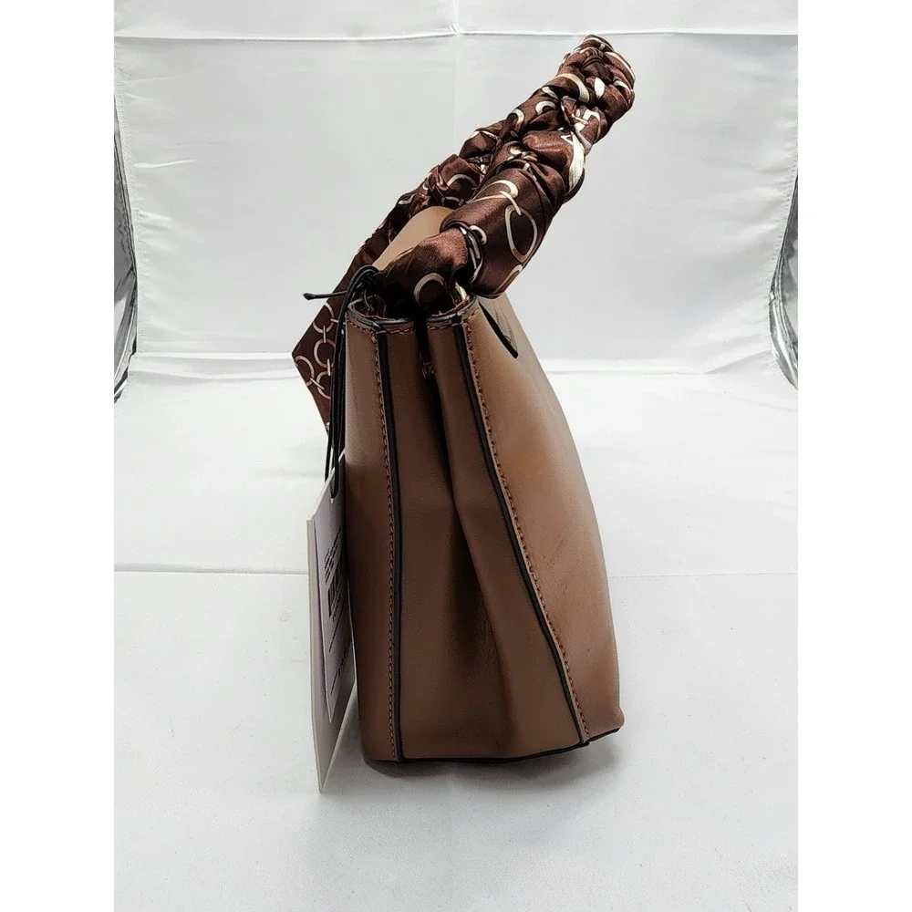 NWT Nicole Miller New York Womens Leather Shoulder Bag Tan Scarf Accent Medium